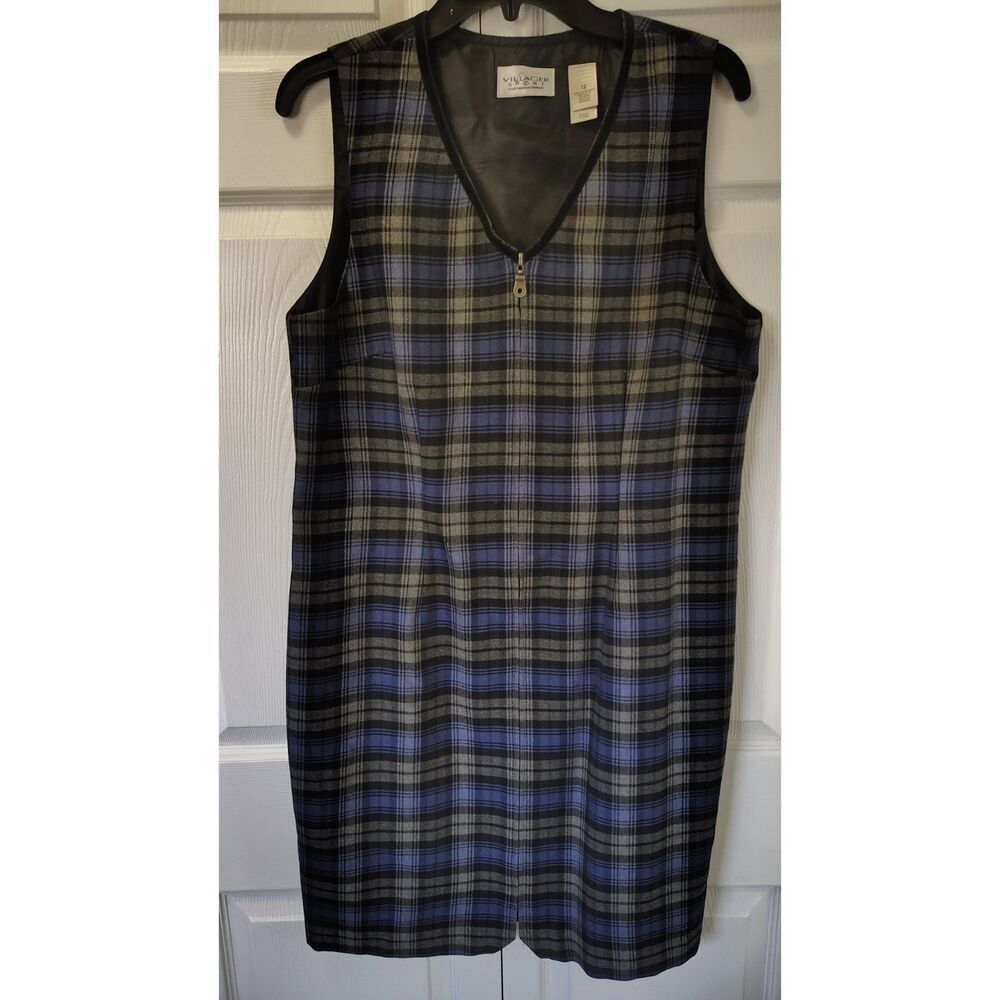 Vintage 90s Villager Sport Plaid Sleeveless Shift Dress - Blue/Grey Size 12